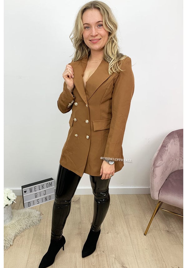 CAMEL - 'CHRYSTEL' - DOUBLE BREASTED GOLD BUTTON BLAZER DRESS