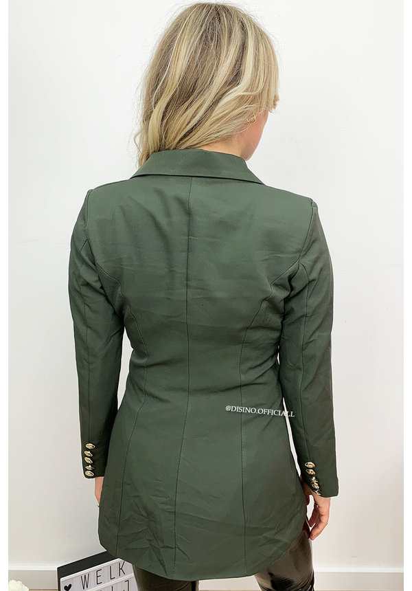 KHAKI GREEN - 'CHRYSTEL' - DOUBLE BREASTED GOLD BUTTON BLAZER DRESS