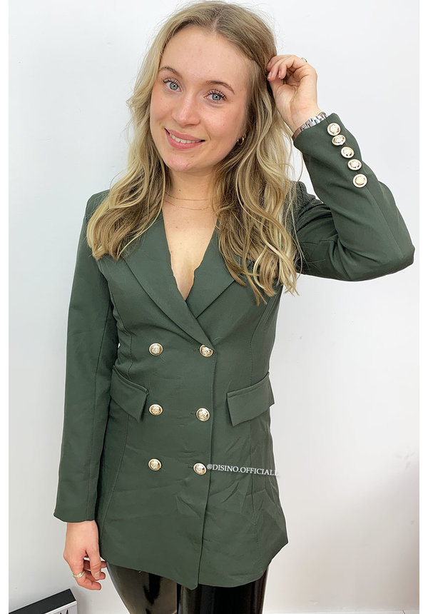 KHAKI GREEN - 'CHRYSTEL' - DOUBLE BREASTED GOLD BUTTON BLAZER DRESS