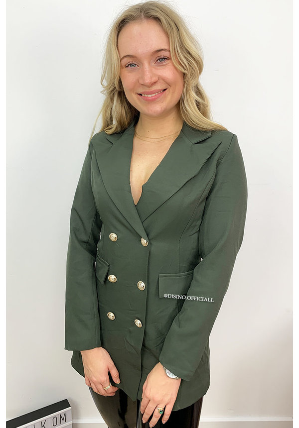 KHAKI GREEN - 'CHRYSTEL' - DOUBLE BREASTED GOLD BUTTON BLAZER DRESS