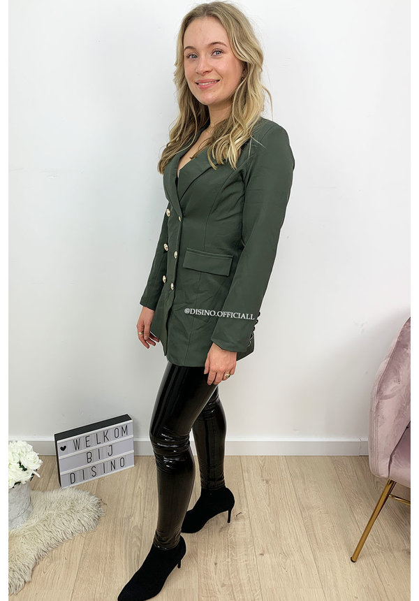 KHAKI GREEN - 'CHRYSTEL' - DOUBLE BREASTED GOLD BUTTON BLAZER DRESS