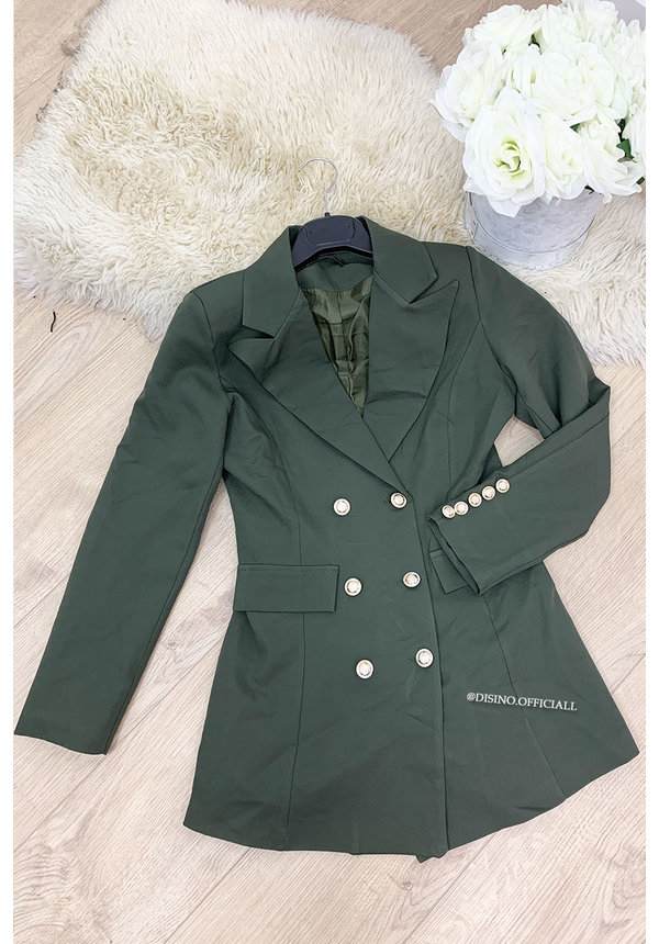 KHAKI GREEN - 'CHRYSTEL' - DOUBLE BREASTED GOLD BUTTON BLAZER DRESS