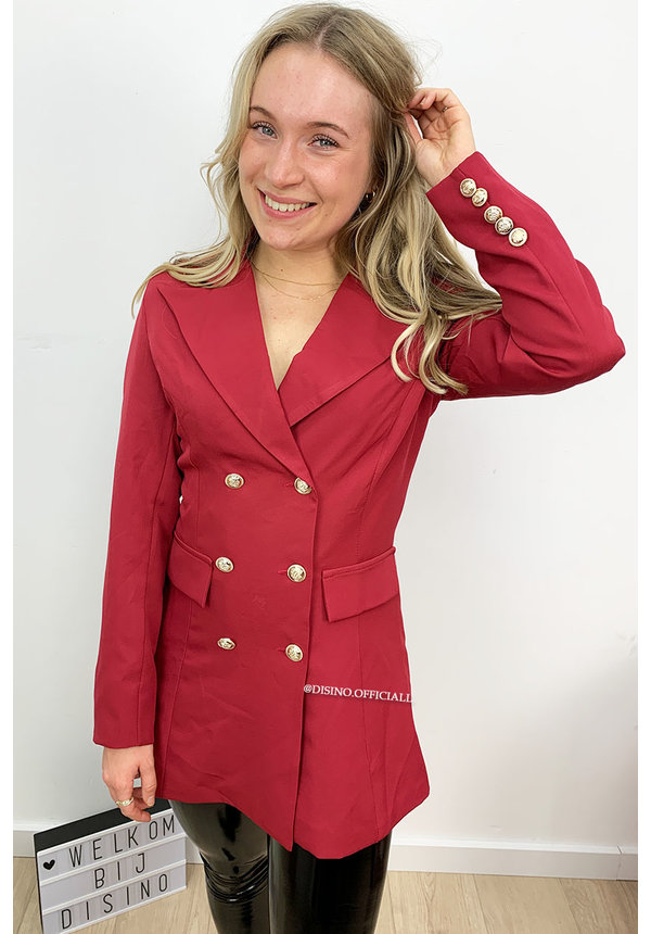 WINE RED - 'CHRYSTEL' - DOUBLE BREASTED GOLD BUTTON BLAZER DRESS