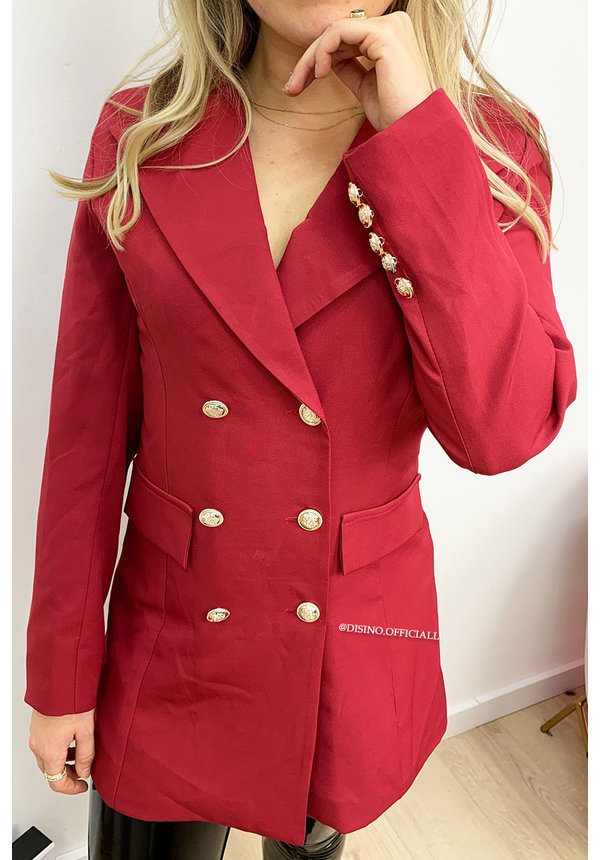 WINE RED - 'CHRYSTEL' - DOUBLE BREASTED GOLD BUTTON BLAZER DRESS