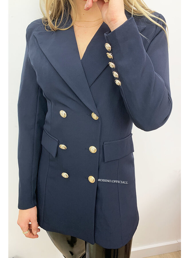 NAVY BLUE - 'CHRYSTEL' - DOUBLE BREASTED GOLD BUTTON BLAZER DRESS