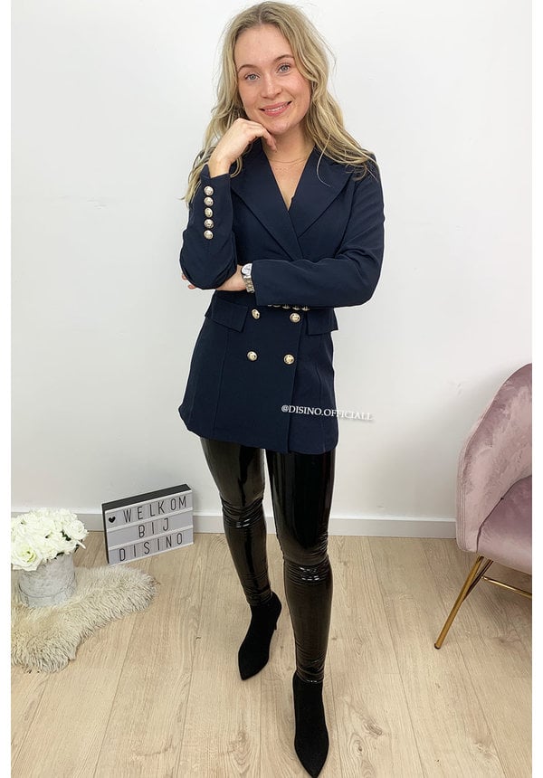 NAVY BLUE - 'CHRYSTEL' - DOUBLE BREASTED GOLD BUTTON BLAZER DRESS