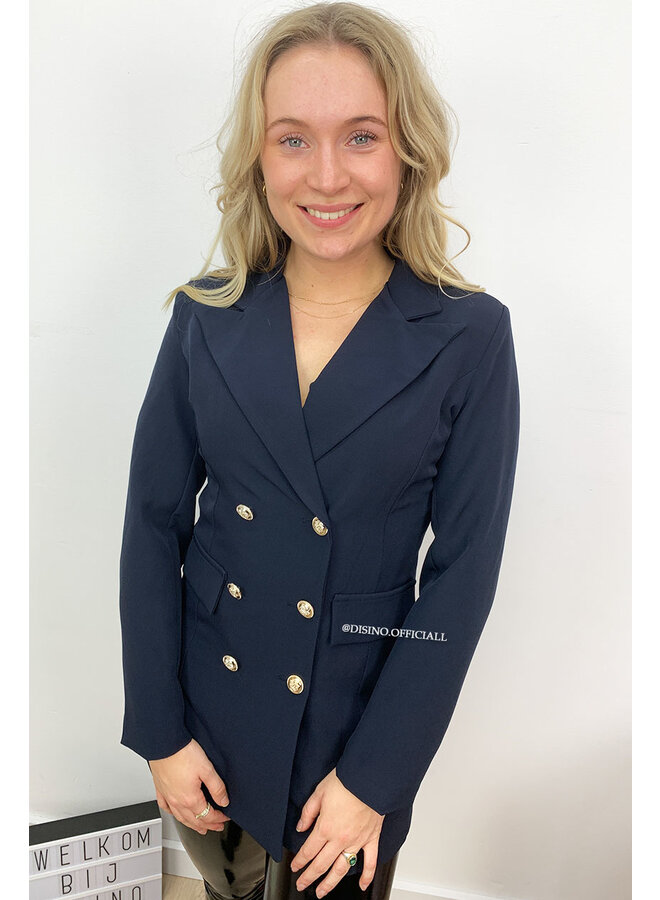 NAVY BLUE - 'CHRYSTEL' - DOUBLE BREASTED GOLD BUTTON BLAZER DRESS