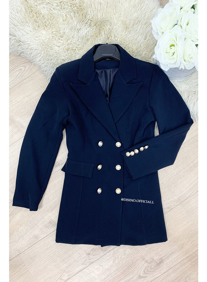 NAVY BLUE - 'CHRYSTEL' - DOUBLE BREASTED GOLD BUTTON BLAZER DRESS