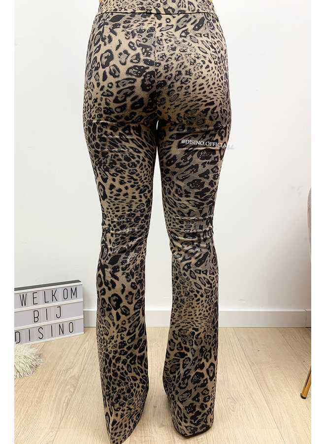 BEIGE - 'GABY FLARE' - SUEDINE LEOPARD PRINT FLARED PANTS