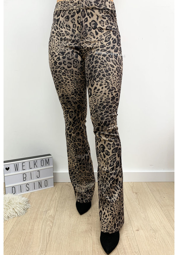 BEIGE - 'GABY FLARE' - SUEDINE LEOPARD PRINT FLARED PANTS