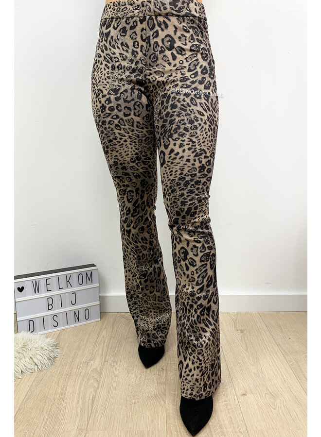 BEIGE - 'GABY FLARE' - SUEDINE LEOPARD PRINT FLARED PANTS