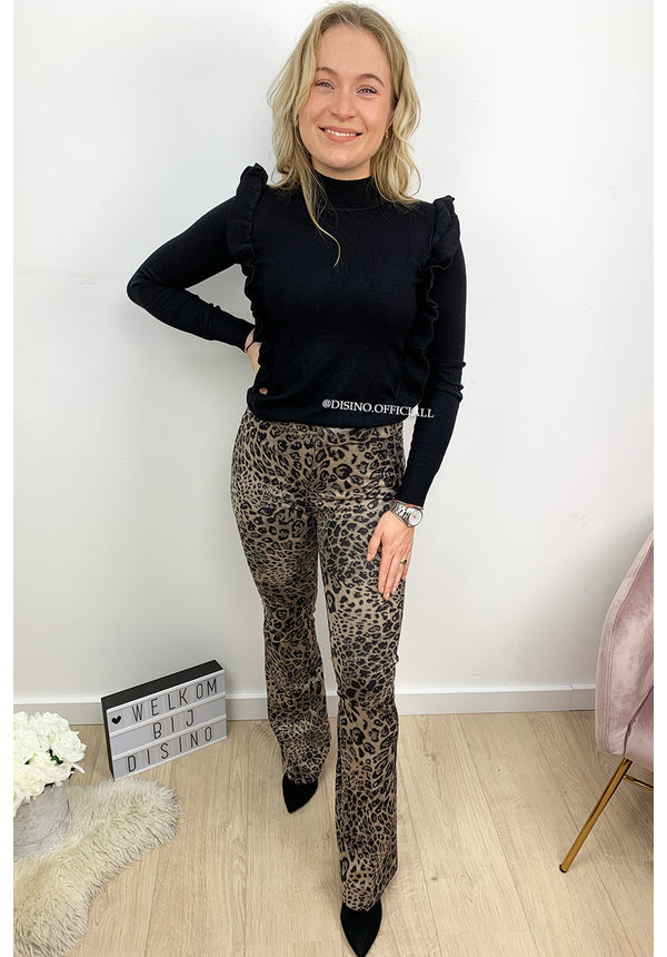 BEIGE - 'GABY FLARE' - SUEDINE LEOPARD PRINT FLARED PANTS