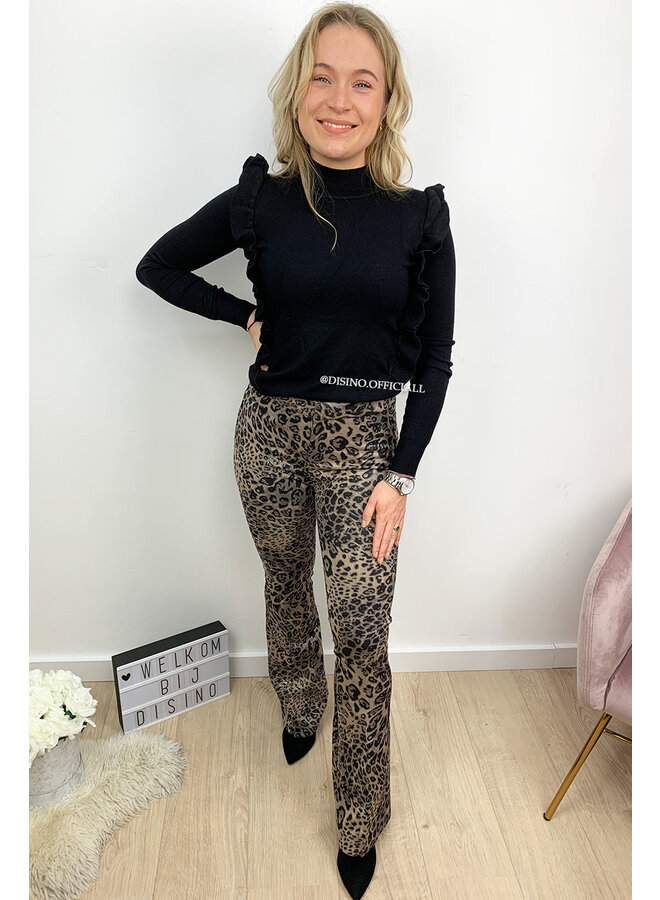BEIGE - 'GABY FLARE' - SUEDINE LEOPARD PRINT FLARED PANTS