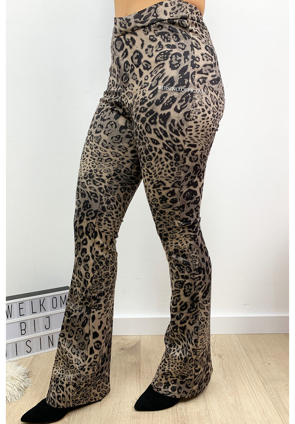 BEIGE - 'GABY FLARE' - SUEDINE LEOPARD PRINT FLARED PANTS