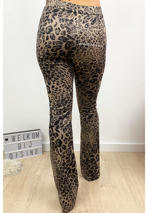 BEIGE - 'GABY FLARE' - SUEDINE LEOPARD PRINT FLARED PANTS