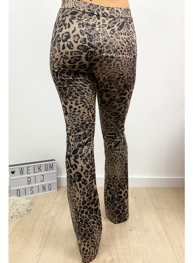 BEIGE - 'GABY FLARE' - SUEDINE LEOPARD PRINT FLARED PANTS