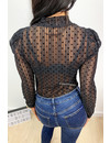 BLACK - 'IVY' - STRIPED 'N DOTTED MESH TOP