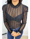 BLACK - 'IVY' - STRIPED 'N DOTTED MESH TOP