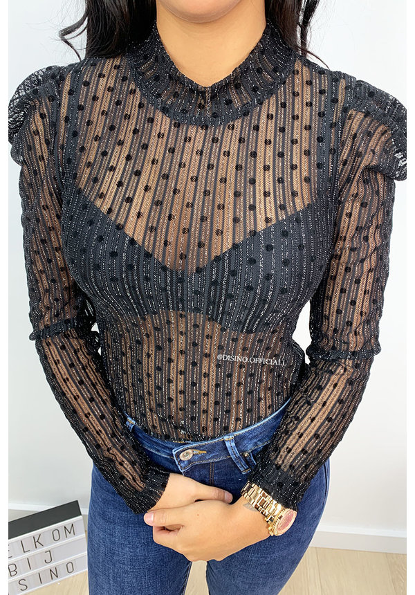 BLACK - 'IVY' - STRIPED 'N DOTTED MESH TOP