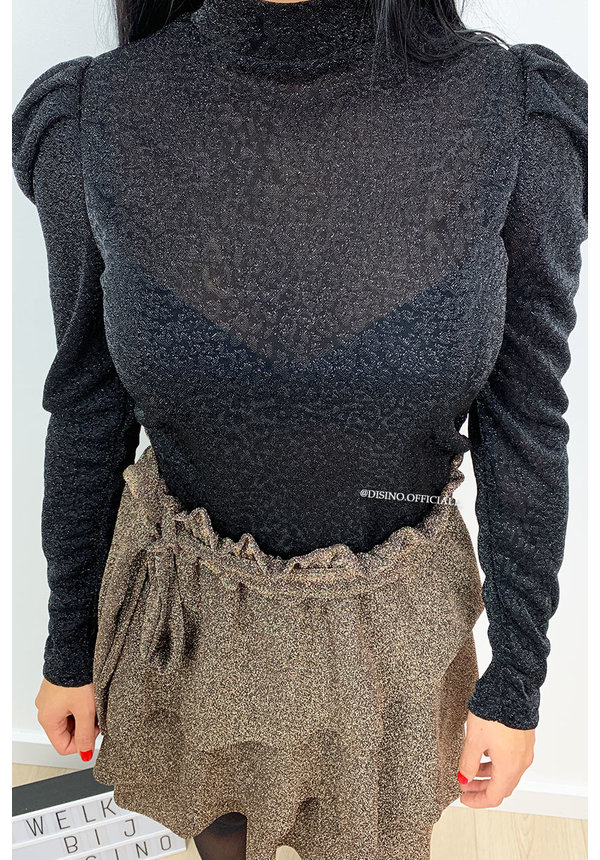 BLACK - 'DEMI' - SPARKLE LEO PUFF SHOULDER TOP