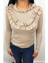 BEIGE - 'STRIPED OLSEN' - RIBBED RUFFLE TOP