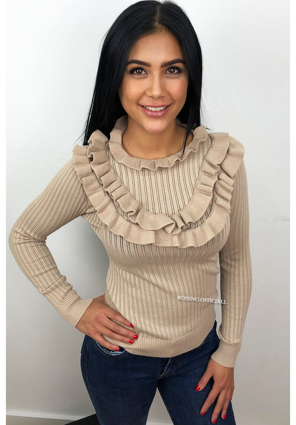 BEIGE - 'STRIPED OLSEN' - RIBBED RUFFLE TOP