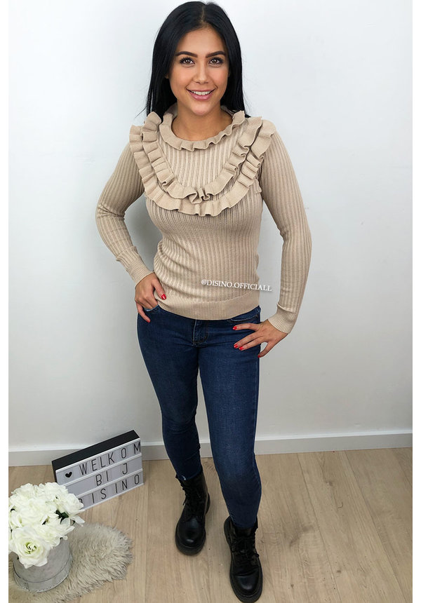 BEIGE - 'STRIPED OLSEN' - RIBBED RUFFLE TOP