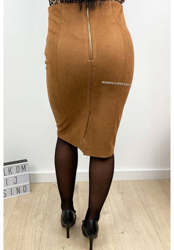 CAMEL - 'GIANA' - HIGH WAIST SUEDINE PENCIL MIDI SKIRT