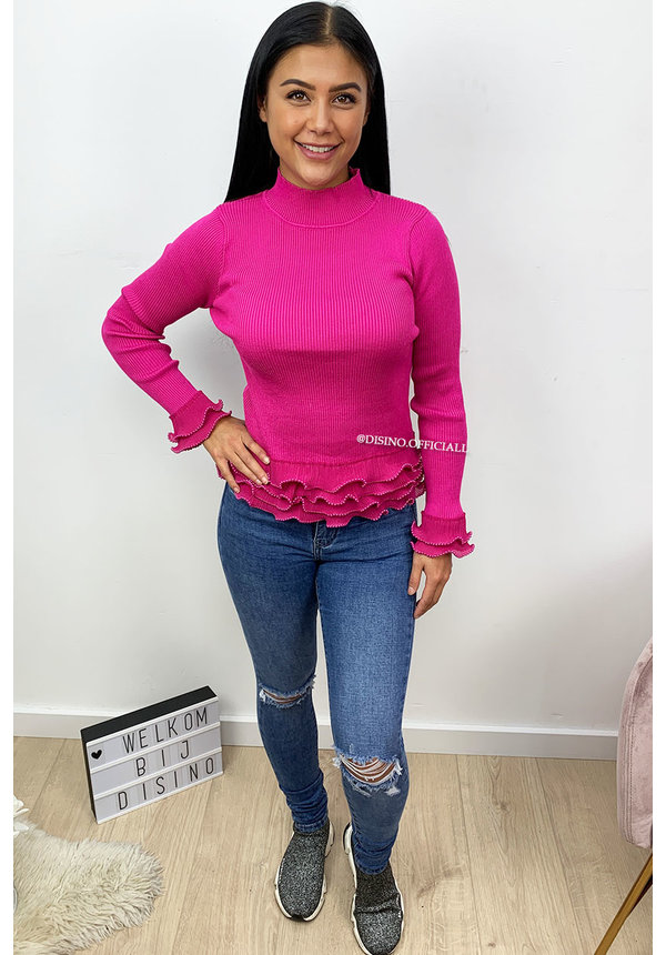 FUCHSIA - 'PERLA' - RIBBED PEARL RUFFLE TOP