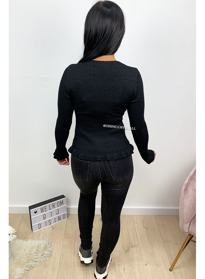 BLACK - 'DAISY' - GLITTERLY RIBBED RUFFLE TOP