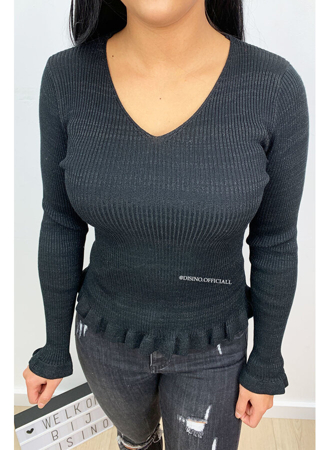 BLACK - 'DAISY' - GLITTERLY RIBBED RUFFLE TOP