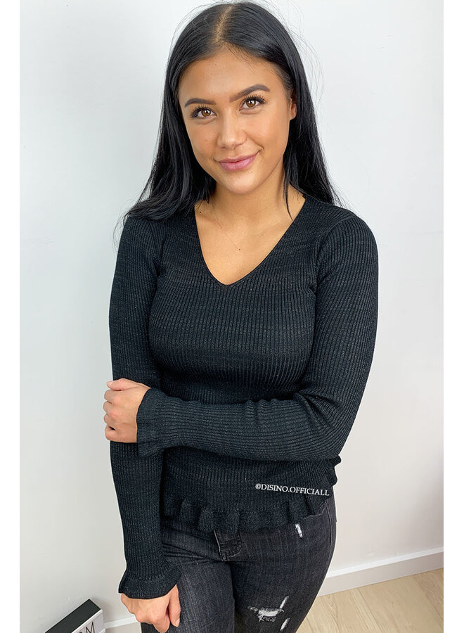 BLACK - 'DAISY' - GLITTERLY RIBBED RUFFLE TOP