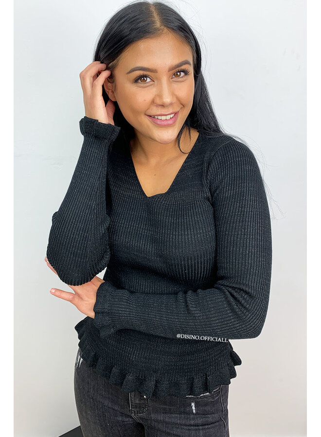 BLACK - 'DAISY' - GLITTERLY RIBBED RUFFLE TOP