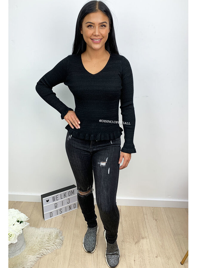 BLACK - 'DAISY' - GLITTERLY RIBBED RUFFLE TOP