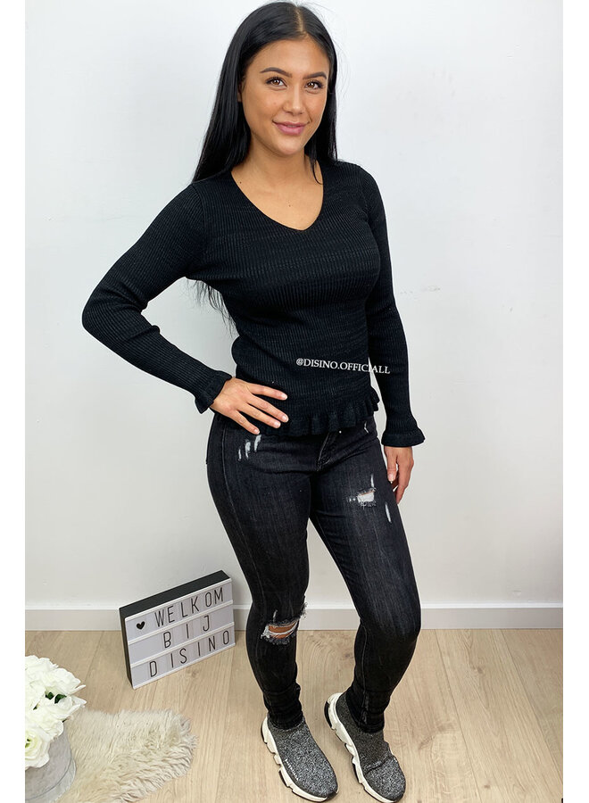 BLACK - 'DAISY' - GLITTERLY RIBBED RUFFLE TOP