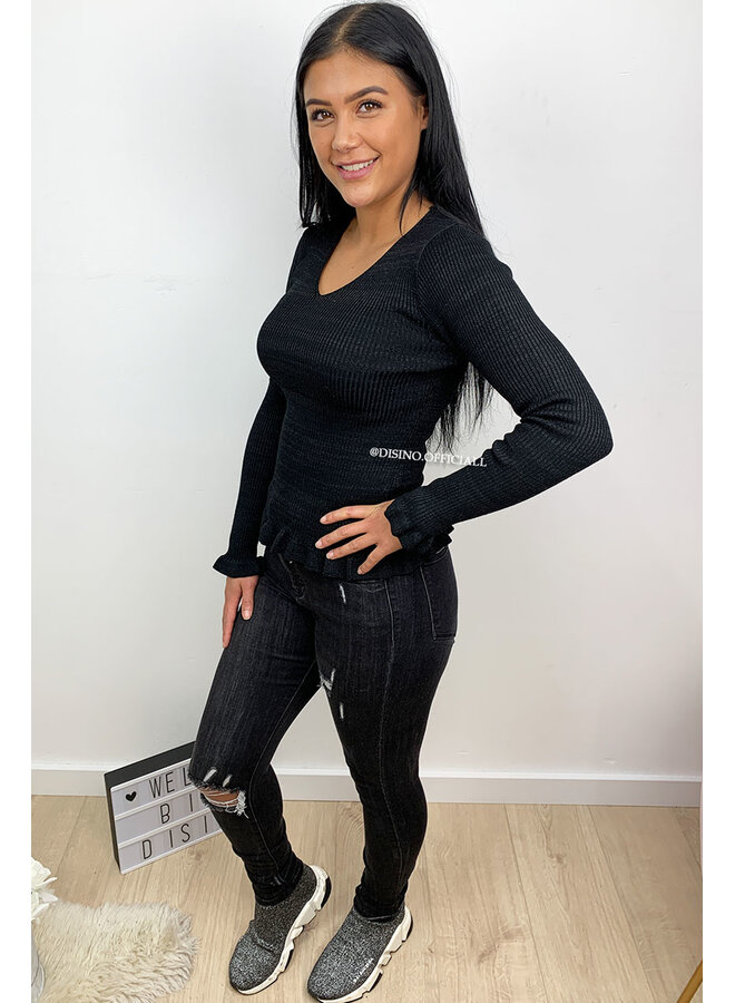 BLACK - 'DAISY' - GLITTERLY RIBBED RUFFLE TOP