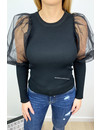 BLACK - 'LINA' - RIBBED MESH SHOULDER TOP