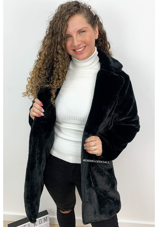 BLACK - 'FLUFFY DIVA' - SOFT FAUX FUR COAT