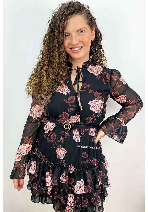 BLACK - 'ROSA' - FLORAL LAYERED RUFFLE DRESS