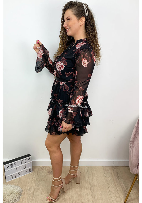 BLACK - 'ROSA' - FLORAL LAYERED RUFFLE DRESS