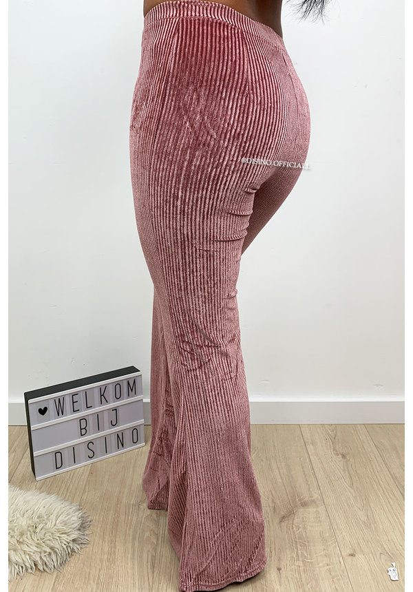 PINK - 'AMBER' - VELVET RIBBED FLARED PANTS