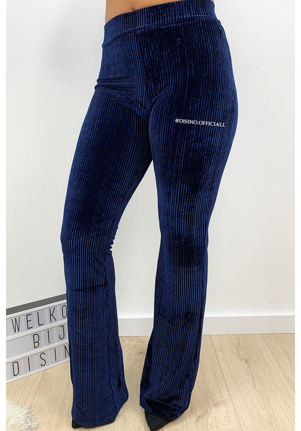 MIDNIGHT BLUE - 'AMBER' - VELVET RIBBED FLARED PANTS