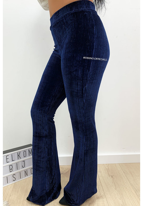 MIDNIGHT BLUE - 'AMBER' - VELVET RIBBED FLARED PANTS