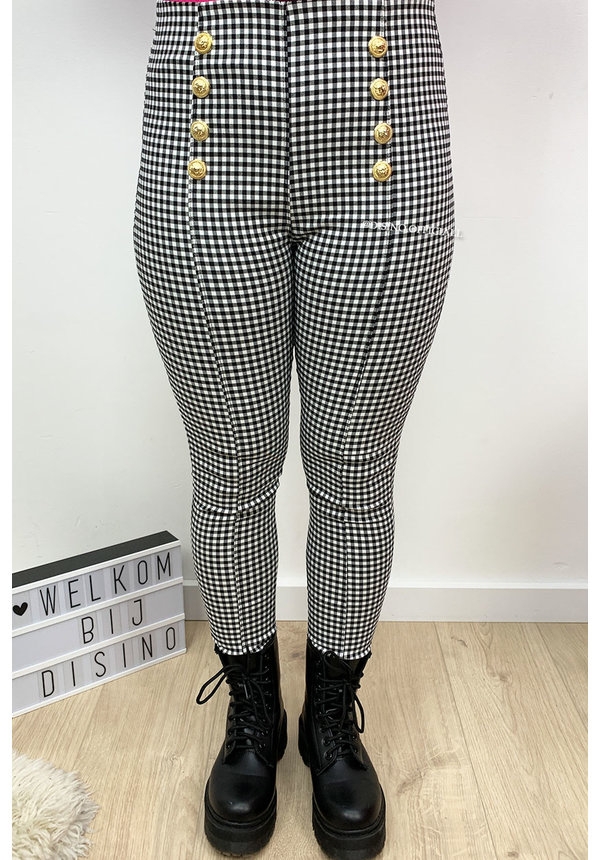 BLACK - 'GINGHAM' - HIGH WAIST GOLD BUTTON TREGGING PANTS