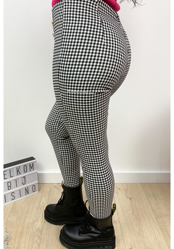 BLACK - 'GINGHAM' - HIGH WAIST GOLD BUTTON TREGGING PANTS