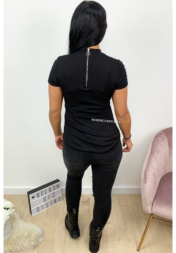 BLACK - 'KATE' - SHORT SLEEVE STUDS TOP