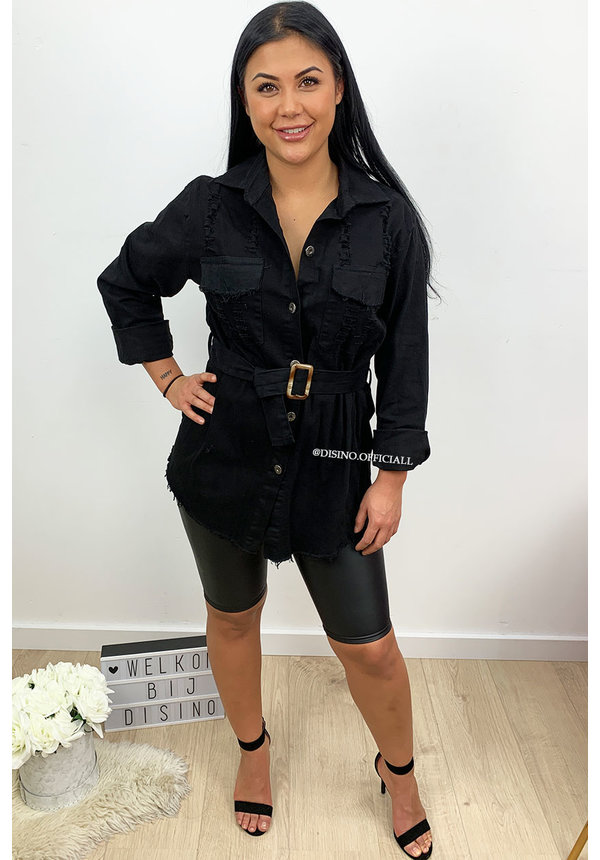 BLACK - 'JACLYN' - OVERSIZED DENIM BLOUSE DRESS WITH BELT