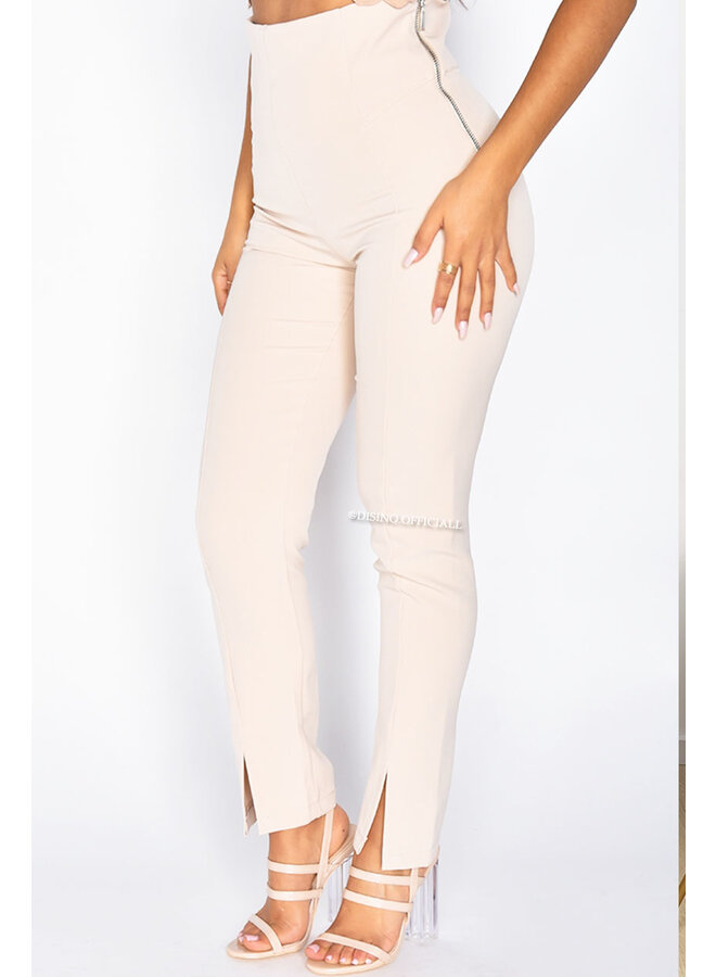 BEIGE - 'SILVIA' - HIGH WAIST PANTALON WITH ZIP AND FRONT SPLIT