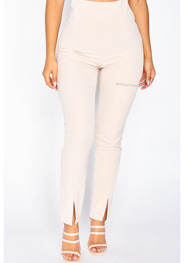 BEIGE - 'SILVIA' - HIGH WAIST PANTALON WITH ZIP AND FRONT SPLIT