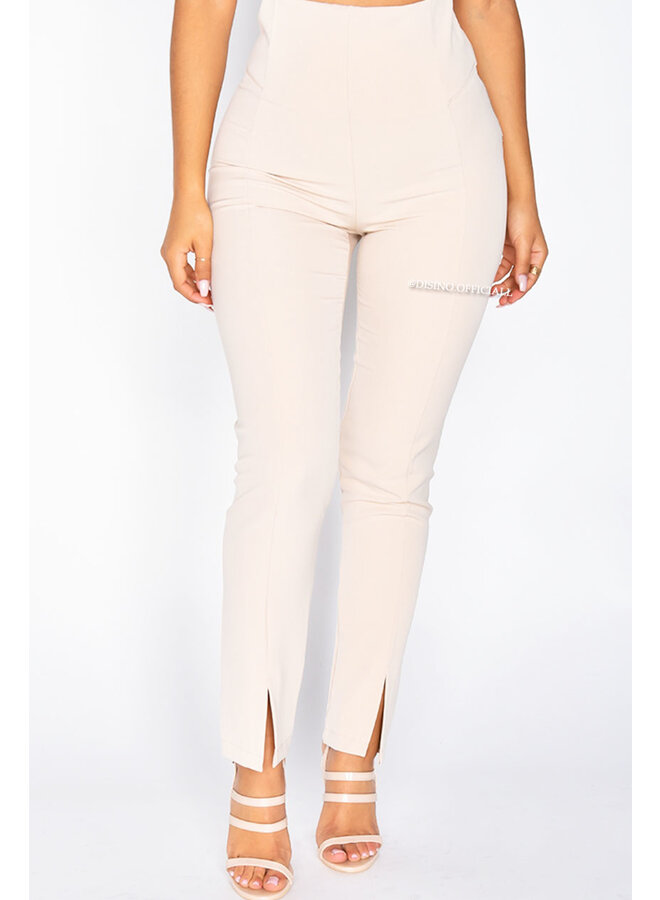 BEIGE - 'SILVIA' - HIGH WAIST PANTALON WITH ZIP AND FRONT SPLIT